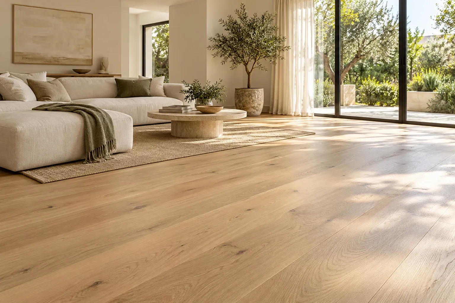 Illustrative airy living room with natural oak plank flooring and garden light