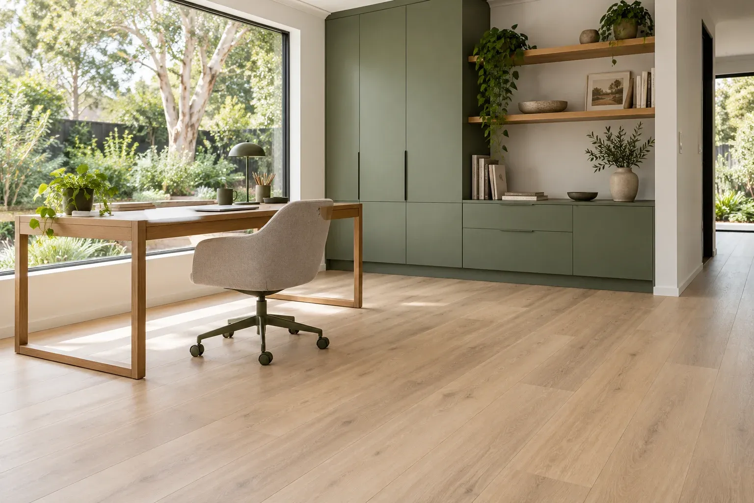 An oak-look finish for a small, purposeful workspace.